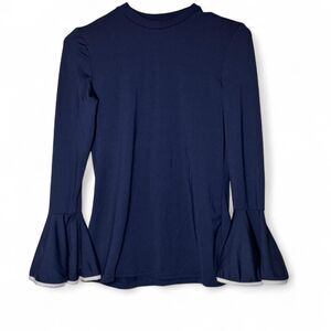 Women's Small Navy Blue Bell Sleeve Top White Trim Long Sleeve